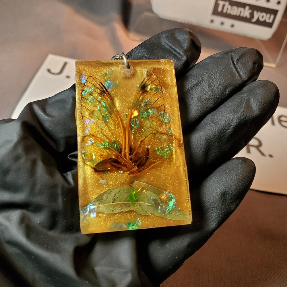 Large 2" Charm real cicada wings w/ Gold Glitter metal Chain